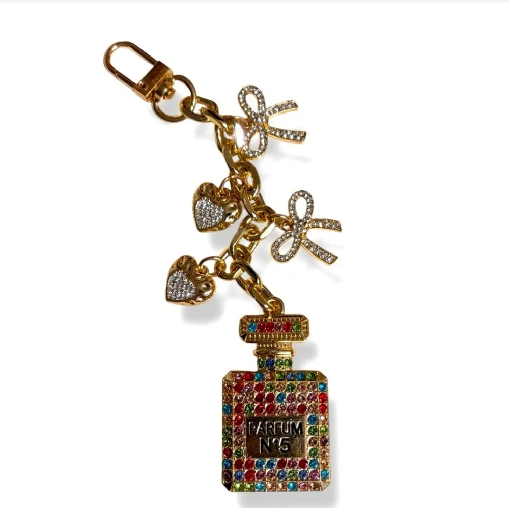 Multi-Colored Rhinestone Perfume Bottle Bag Charm with Pavé Hearts & Bows NEW!